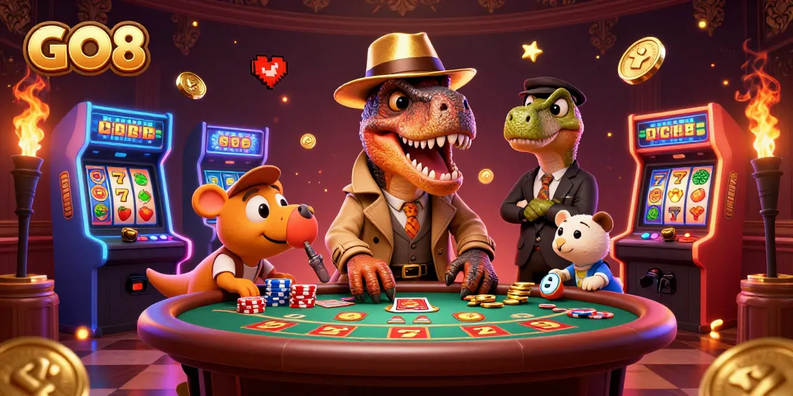 Engage with GO8 casino thrills as a playful velociraptor counts cards under the watchful eye of a stegosaurus pit boss.