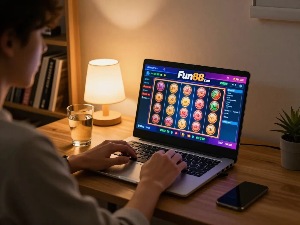Engaging in Fun88 com online casino gaming with vibrant slot machines displayed on screen.