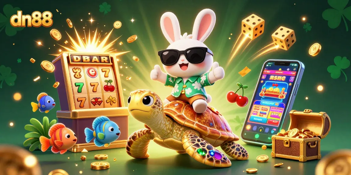 Experience dn88 excitement with a lucky rabbit and sea turtle in a vibrant casino scene.