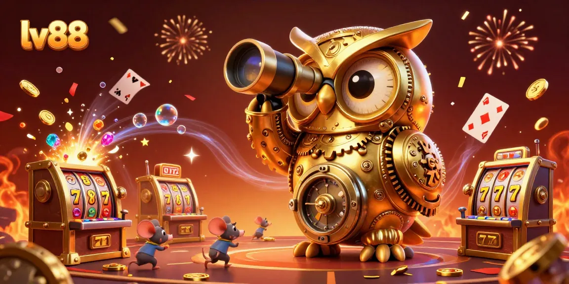 Experience casino excitement at lv88 with a 3D golden owl overseeing slot machines and festive treasures.