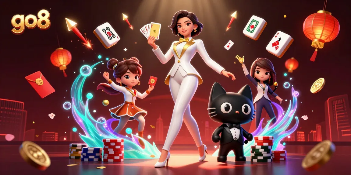 Engage with go8's vibrant gaming scene as a woman with golden cards plays strategically beside her cartoon cat.