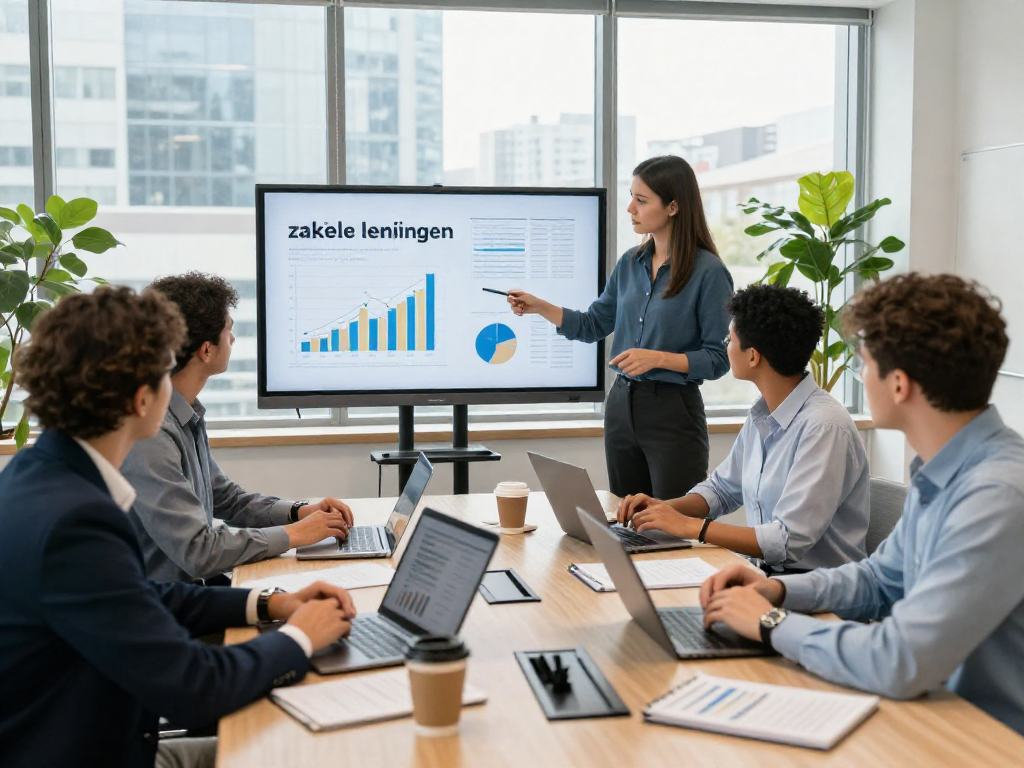 Professionals bespreken zakelijke leningen in moderne kantooromgeving met financiële documenten en grafieken.