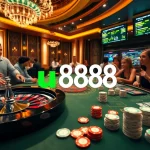 Experience the excitement of u888 with poker chips and roulette wheels in a luxurious casino setting.