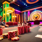 Witness thrilling poker action at https://nk88.bio/ with vibrant chips, skilled players, and a roulette wheel in a luxurious casino.