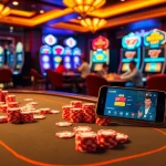 Tải ku88 app showcased in a luxurious casino scene with poker games and slot machines, evoking excitement.