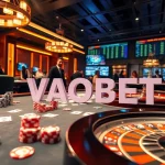 Engage with VAOBET at a luxurious casino table, featuring vibrant poker chips and a roulette wheel.