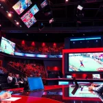 Engaged commentators in a sports broadcasting studio analyze live game highlights.