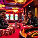 Players enjoying a strategic poker game with Vuabai9 theme, vibrant casino ambiance