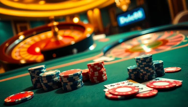 Experience thrill and excitement at a Du88 casino table with poker chips and cards in play.