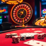 Experience thrilling games at nk88.com with a vibrant casino scene showcasing poker chips and a spinning roulette wheel.