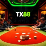 Engaged players strategize in a high-stakes poker game at the luxurious TX88 casino.