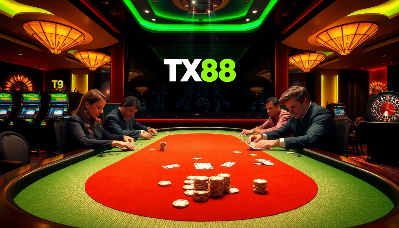 Engaged players strategize in a high-stakes poker game at the luxurious TX88 casino.