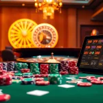 Engaging scene at U 888 casino with poker chips, cards, and roulette table.
