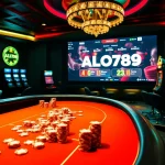 A thrilling poker game scene showcasing the ALO789 platform, casino tables, and vibrant chips.