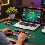 Player engaging in B52 blackjack at stylish online casino setup with chips and laptop.
