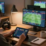 Engagingly betting on Sky88 uy tín using a tablet at a warm and inviting online gaming setup.