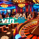 A dynamic gaming table scene at vin88 casino, showcasing excitement with poker chips and a spinning roulette wheel.