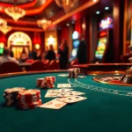 Experience the thrilling ambiance of DA88 with vibrant casino tables, cards, and spinning roulette.