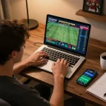 cm88 sports betting session with a focus on live odds and game statistics in a cozy workspace