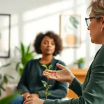 Engaging mental health tips session with a therapist in a soothing office.
