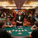 A lively casino scene at https://va88.moe/ featuring players engaged in intense blackjack games with dealers and vibrant lighting.
