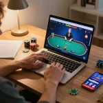Player strategizing with Jun88 during an online poker session at home