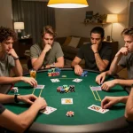 Friends enjoying a competitive poker night at home with 9BET strategy and excitement.