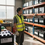 Werknemer inspecteert AGM-batterijen in een goed georganiseerde opslagruimte, met de nadruk op batterijveiligheid en betrouwbaarheid.