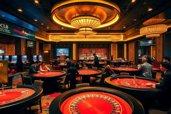88CLB casino vibrant gaming area with players engaged in diverse games.