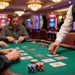 Players strategizing at a TX88 blackjack table, showcasing intense focus and vibrant casino atmosphere.