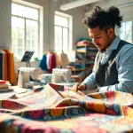 Stoffen voor kleding maken met levendige stoffen en creatieve sfeer in een kleurrijke werkplaats.