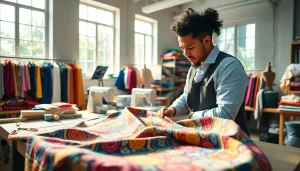 Stoffen voor kleding maken met levendige stoffen en creatieve sfeer in een kleurrijke werkplaats.