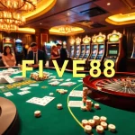 Players enjoying casino games at FIVE88 with vibrant tables and slot machines.