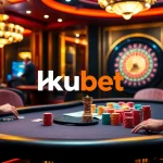 kubet gaming table with players betting and a vibrant roulette wheel in the background