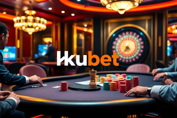 kubet gaming table with players betting and a vibrant roulette wheel in the background