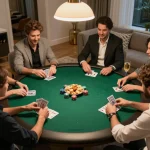 Players engaged in a friendly poker game at home, a vibrant display of social interaction and strategy within a nhà cái atmosphere.