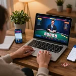 vswin gaming setup showcasing live blackjack action on a laptop with strategic notes