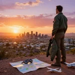 Pilot inspired by Fly88 observing sunset over Phoenix skyline with aviation gear.