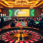 Experience the thrill of gaming at Bl555 with players at luxurious casino tables and vibrant slot machines.