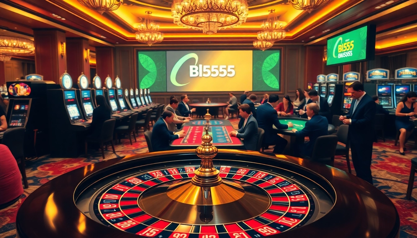 Experience the thrill of gaming at Bl555 with players at luxurious casino tables and vibrant slot machines.