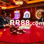 Players strategizing at a poker table, featuring vibrant chips and RR88.com branding.