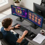 Engaging in Da88 uy tín online gaming while analyzing strategies on dual screens in a modern setup.
