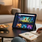 Engage in immersive gameplay as you tải Go88 on your device, experiencing vibrant graphics and responsible gaming in a cozy living room.
