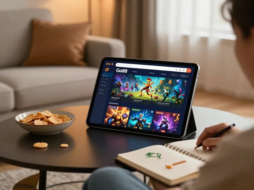 Engage in immersive gameplay as you tải Go88 on your device, experiencing vibrant graphics and responsible gaming in a cozy living room.