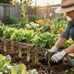 Aspergeklauwen kopen - Gardener planting fresh asparagus crowns in vibrant vegetable garden.