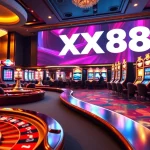 Experience the thrill of winning at XX88 with an engaging casino atmosphere featuring poker tables and slot machines.