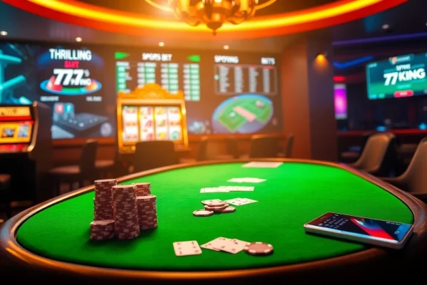 79KING casino scene showcasing poker chips, cards, and an exciting atmosphere for gambling enthusiasts.