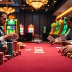Competitive poker players at a luxurious casino table featuring vibrant DA88 chips and cards, representing high-stakes gambling.