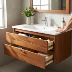 Stijlvol ondiep bathroommeubel dat opslagoplossingen toont in een moderne badkamer.