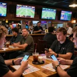 Sc88 bettors excitedly placing wagers while watching live sports on multiple screens in a vibrant bar.